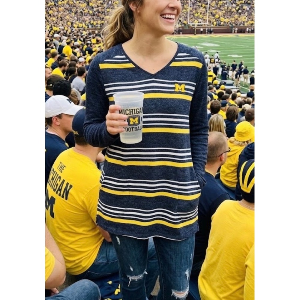 UG Apparel Michigan Wolverines Women L Navy Striped Long Sleeve Tunic Top Pocket